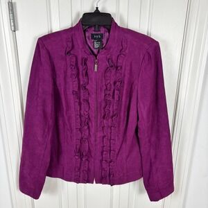 R.Q.T. Purple Faux Suede Ruffle Front Zip Up Jacket Mock Neck Size M Plum